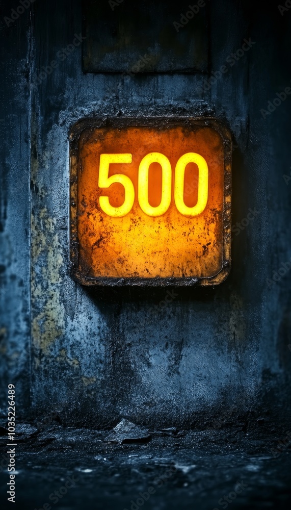 Grungy, Illuminated 500 Sign on a Textured, Industrial Wall with a Dark and Moody Atmosphere Grungy, Illuminated 500 Sign on a Textured, Industrial Wall with a Dark and Moody Atmosphere