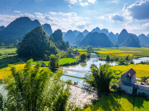 Wallpaper Mural Aerial landscape in Phong Nam valley, Cao bang province, Vietnam with river, nature, rice fields, beautiful destination in Northern Vietnam Torontodigital.ca