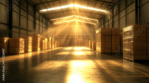 Sunbeams Illuminating Cardboard Boxes in a Warehouse