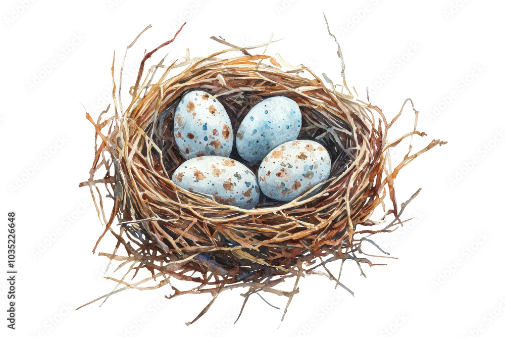 Close-up of a bird's nest with four speckled eggs on a transparent background. showcasing nature and wildlife in a serene setting. Close-up of a bird's nest with four speckled eggs on a transparent background. showcasing nature and wildlife in a serene setting.