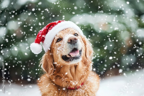 Content dog outdoors under snowflakes, excited for the holidays.