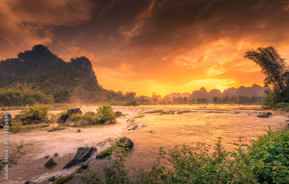 Fototapeta premium Aerial landscape in Phong Nam valley, Cao bang province, Vietnam with river, nature, rice fields, beautiful destination in Northern Vietnam