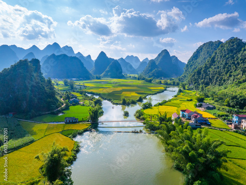 Aerial landscape in Phong Nam valley, Cao bang province, Vietnam with river, nature, rice fields, beautiful destination in Northern Vietnam