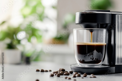 A modern coffee machine pours a fresh espresso into a clear glass cup, with scattered coffee beans on a bright kitchen counter. Greenery in the background adds a refreshing atmosphere