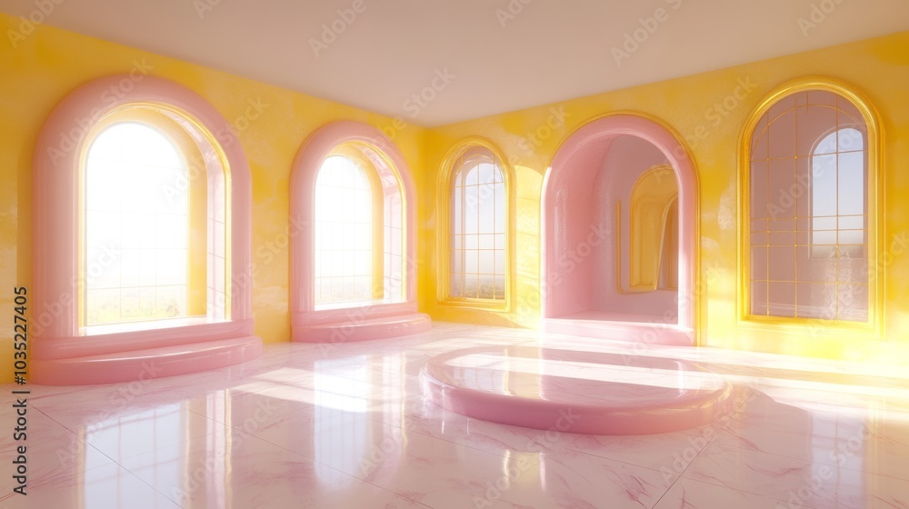 Minimalist Yellow and Pink Room with Arch Windows and Podium for Product Display Minimalist Yellow and Pink Room with Arch Windows and Podium for Product Display