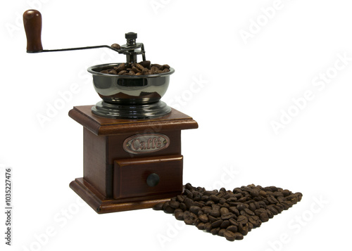 Vintage Wooden Coffee Grinder with Fresh Coffee Beans in heart shape