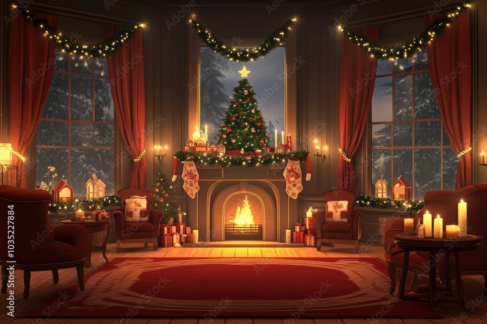 Obraz premium Christmas room background, front view,much more closeup, a Christmas tree in the middle of the living room with a fireplace and window decorated with generative ai