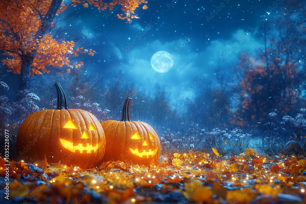 Naklejka premium Creative halloween banner with traditional symbols orange pumpkin wizard hat black cat jack o lanterns, Generative AI