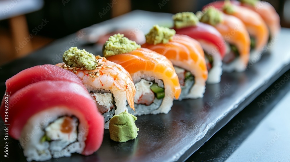 A colorful array of sushi rolls featuring tuna, salmon, and shrimp