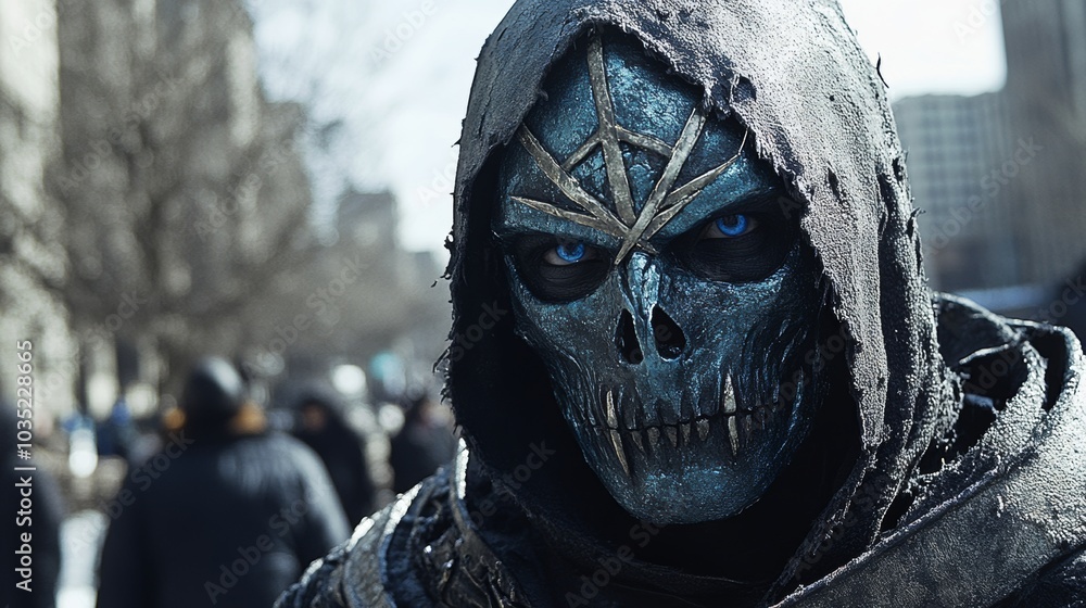 Mysterious hooded figure with blue eyes and skull mask in urban setting Mysterious hooded figure with blue eyes and skull mask in urban setting