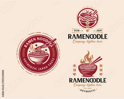 Set bundle Ramen noodle with Chopstick Asian food logo template for business