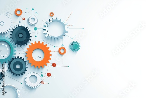 A modern infographic with interconnected gears, symbolizing collaborative ideas and teamwork, with blank space on the right for text or commercial use. 