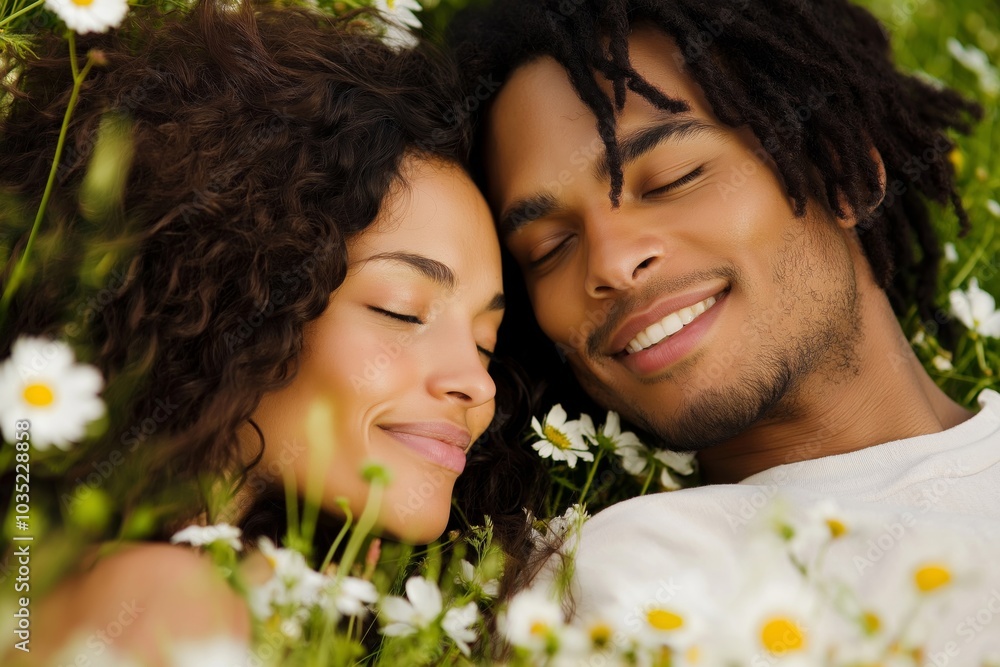 A tender image of a young couple lying in a meadow filled with daisies, their eyes closed in peaceful relaxation, capturing a moment of love and connection in a natural setting A tender image of a young couple lying in a meadow filled with daisies, their eyes closed in peaceful relaxation, capturing a moment of love and connection in a natural setting