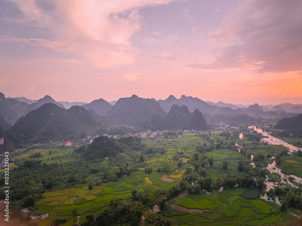 Fototapeta premium Aerial landscape in Phong Nam valley, Cao bang province, Vietnam with river, nature, rice fields, beautiful destination in Northern Vietnam