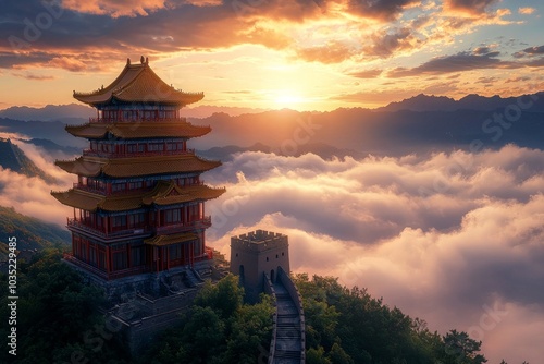Wallpaper Mural A Chinese-style building, located on the top of Mountains in China, with floors and golden roofs, during a beautiful sunset, surrounded by sea of clouds Torontodigital.ca