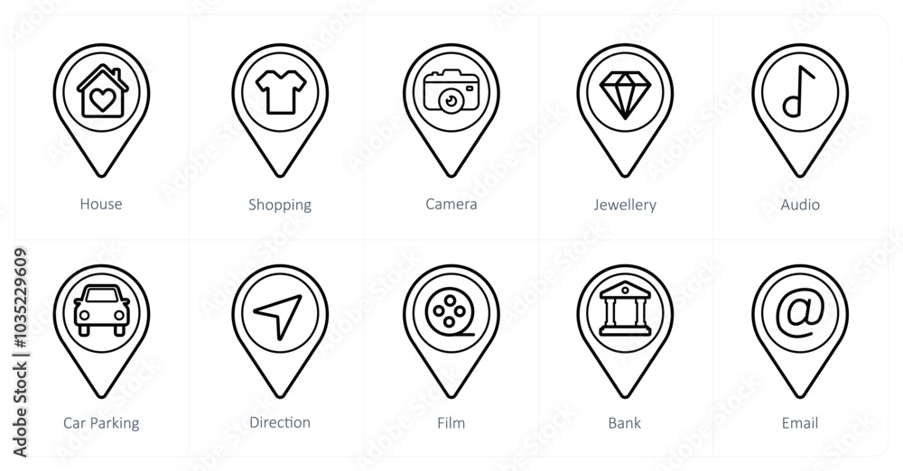A set of 10 Location Pointer icons as house, shopping, camera A set of 10 Location Pointer icons as house, shopping, camera