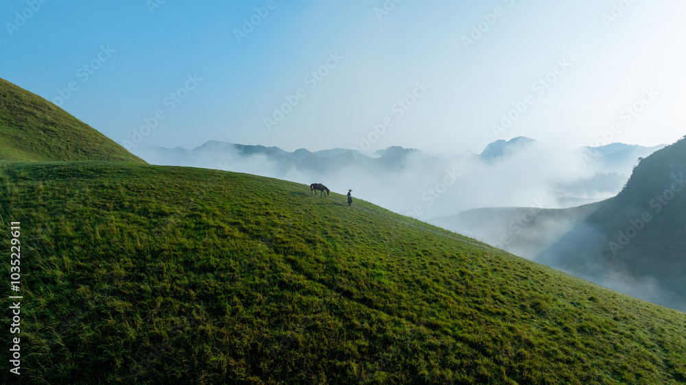 Obraz premium Blue sky and fresh morning. A peaceful, refreshing feeling. View of the hills surrounding Ba Quang, Ha Lang district, Cao Bang province, Vietnam