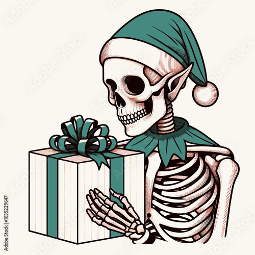 A whimsical skeleton in a festive hat holds a gift, blending holiday cheer with a playful, spooky twist.