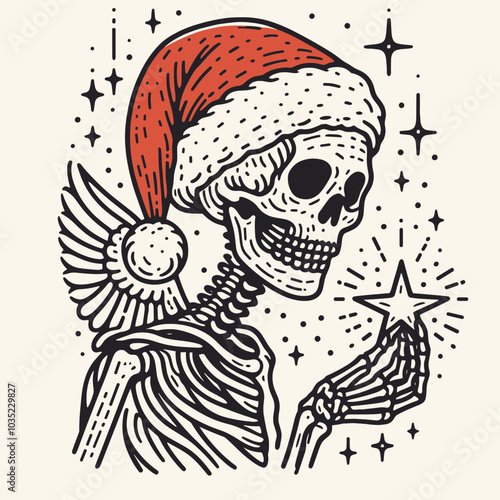 A festive skeleton wearing a Santa hat holds a star, featuring whimsical elements against a starry background, blending Halloween and Christmas themes.