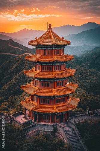 A Chinese-style building, located on the top of Mountains in China, with floors and golden roofs.