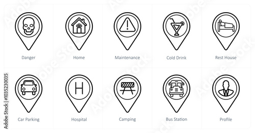 A set of 10 Location Pointer icons as danger, home, maintenance