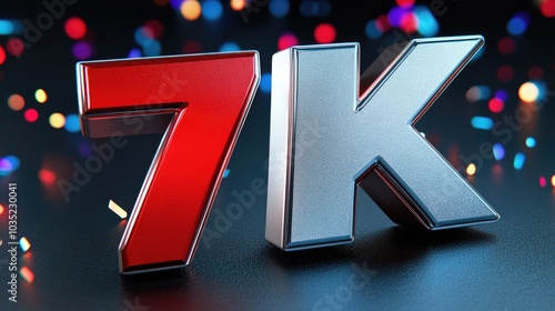 Vibrant 3D rendering of the glowing 7K text amidst a dark background filled with colorful sparks and cinematic lighting effects photo