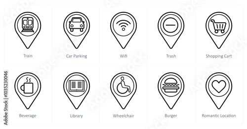 A set of 10 Location Pointer icons as train, car parking, wifi