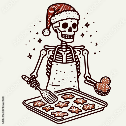 A playful skeleton in a Santa hat bakes festive cookies, embodying a whimsical holiday spirit with a touch of spooky fun.