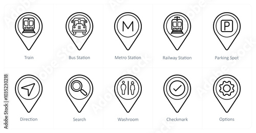 A set of 10 Location Pointer icons as train, bus station, metro station