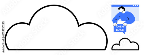 Minimalist style illustration shows a large cloud, a smaller cloud, and a person receiving a cashback message, ideal for cloud storage, online shopping, digital transactions, customer service