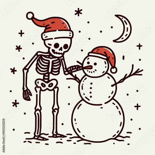 A whimsical illustration of a skeleton in a Santa hat playfully interacting with a snowman, set against a snowy night background.
