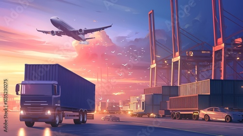 Third party logistics, transportation, cargo export, import. Integrated warehousing and transportation operations services. 3d rendering