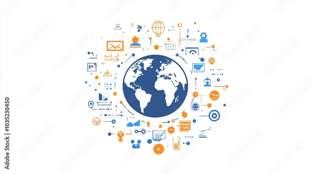 A flat vector illustration of the Earth surrounded by icons representing a global network, the internet, and technology on a white background. A flat vector illustration of the Earth surrounded by icons representing a global network, the internet, and technology on a white background.