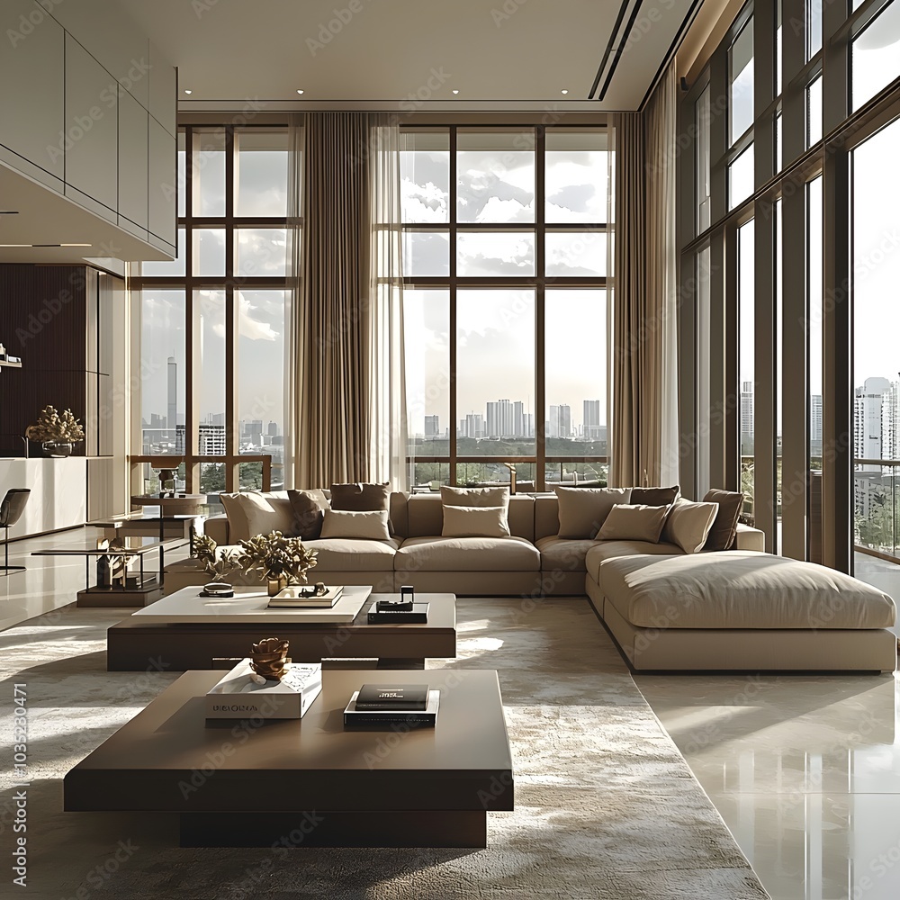 A modern living room with large windows offering a panoramic city view. The room features a large sectional sofa and coffee tables, creating a luxurious and inviting atmosphere. A modern living room with large windows offering a panoramic city view. The room features a large sectional sofa and coffee tables, creating a luxurious and inviting atmosphere.