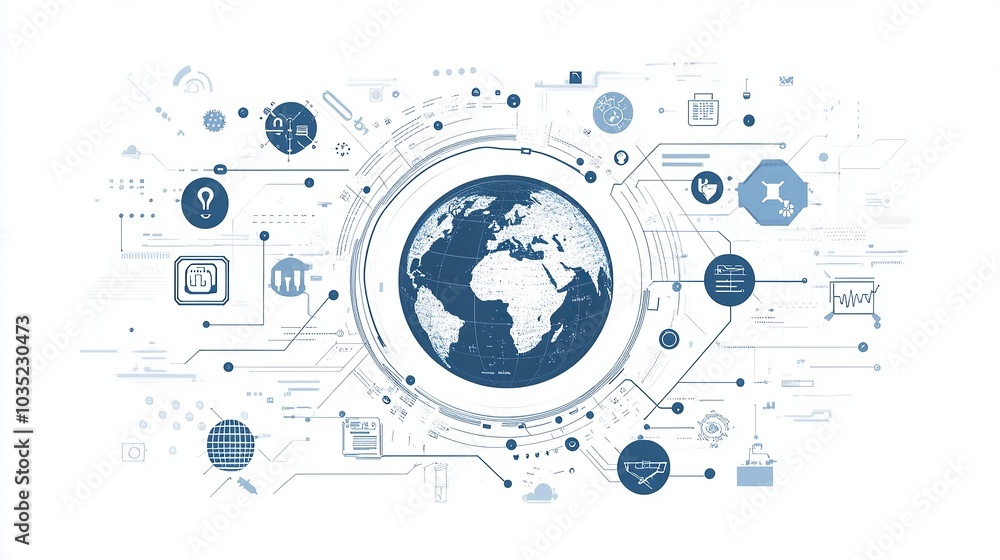 Obraz premium A flat vector illustration of the Earth surrounded by icons representing a global network, the internet, and technology on a white background.