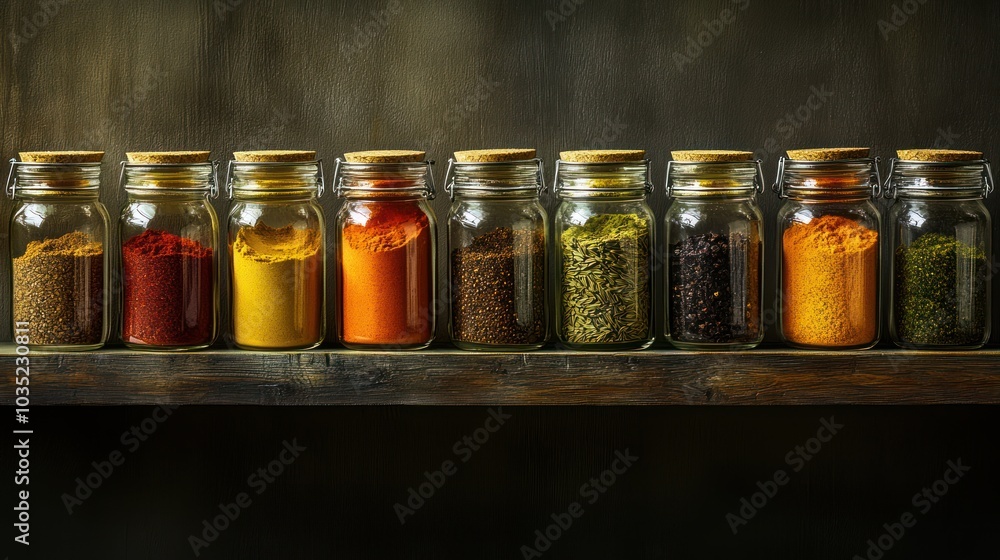 Ten glass jars of spices on a wooden shelf against a dark background Ten glass jars of spices on a wooden shelf against a dark background