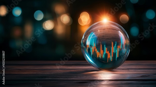 Crystal ball emitting light with stock graphs floating around, symbolizing future growth photo