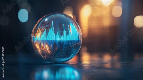 Crystal ball in a dark room glowing with stock market predictions and financial insights photo