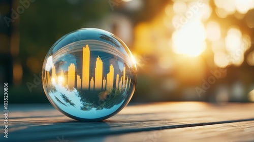 Financial forecast scene with a crystal ball showing bright market growth predictions photo