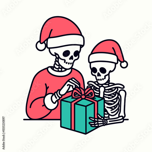 Two festive skeletons in Santa hats unwrap a colorful gift, celebrating the joy and humor of the holiday season.