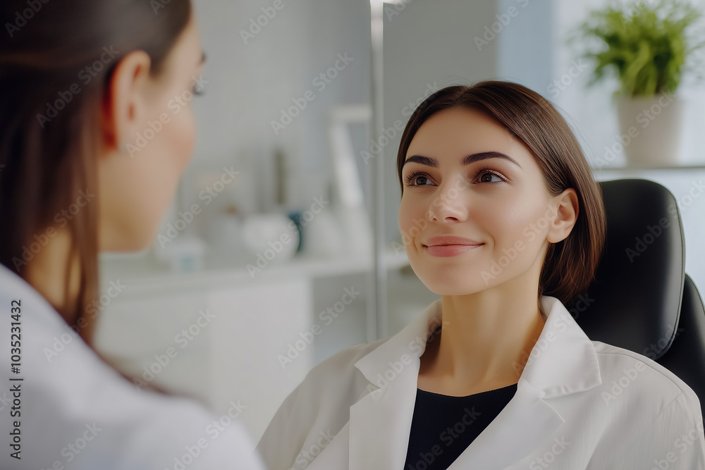A woman consults with a healthcare professional in a modern clinic during a wellness checkup in a bright and inviting setting. Generative AI A woman consults with a healthcare professional in a modern clinic during a wellness checkup in a bright and inviting setting. Generative AI