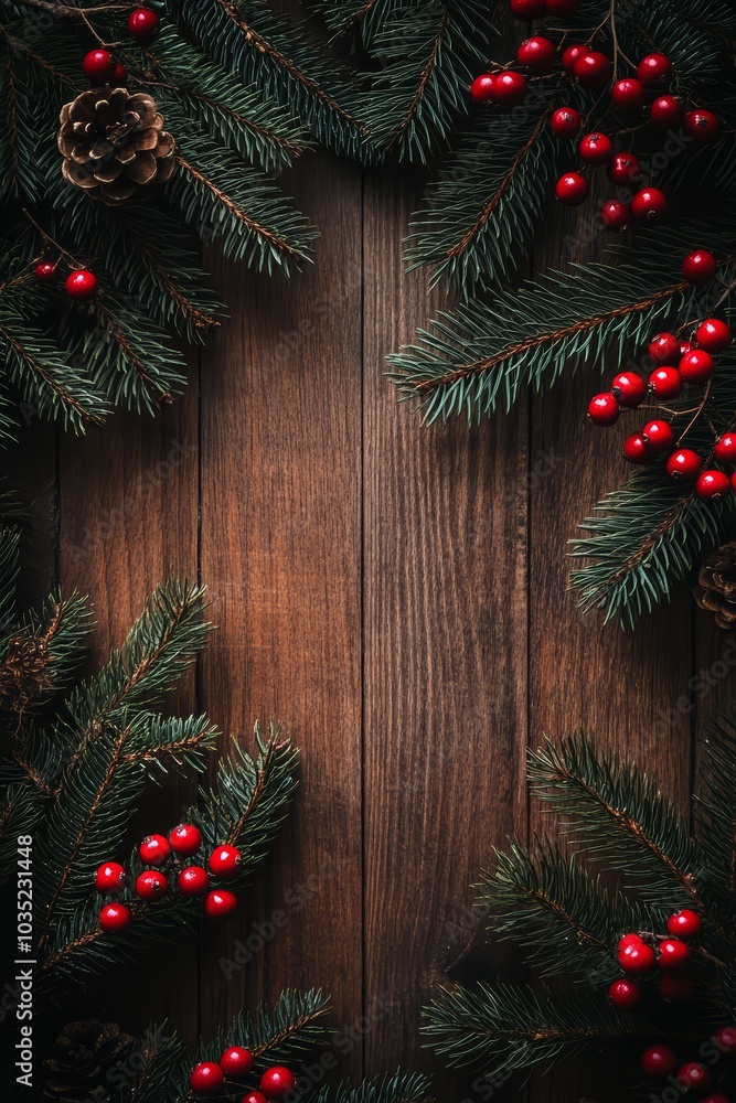 Rustic Christmas Charm: Pine Branches and Berries on a Wooden Backdrop for Festive Décor Inspiration. Rustic Christmas Charm: Pine Branches and Berries on a Wooden Backdrop for Festive Décor Inspiration.