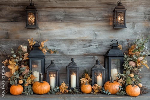 Cozy Rustic Fall Décor: Pumpkin and Lantern Display with Wooden Backdrop for Seasonal Charm
