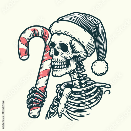 A festive skeleton wearing a Santa hat holds a striped candy cane, blending holiday cheer with a spooky twist.