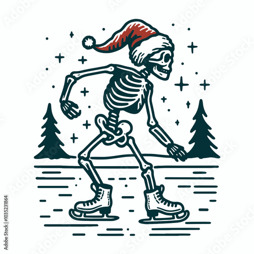 A festive skeleton in a Santa hat ice skates amidst snowy trees and stars, embodying a playful holiday spirit.