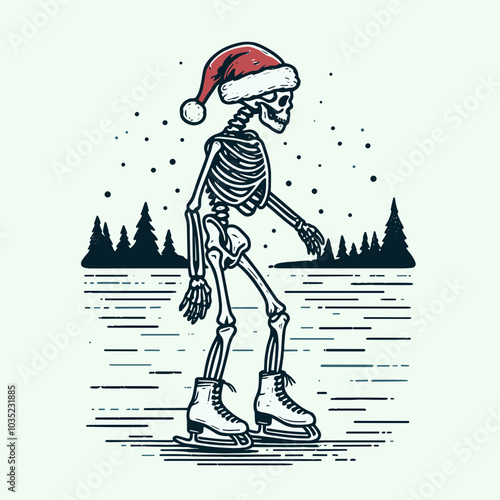 A playful skeleton skating on ice while wearing a Santa hat, surrounded by a snowy landscape and evergreen trees in a festive winter setting.