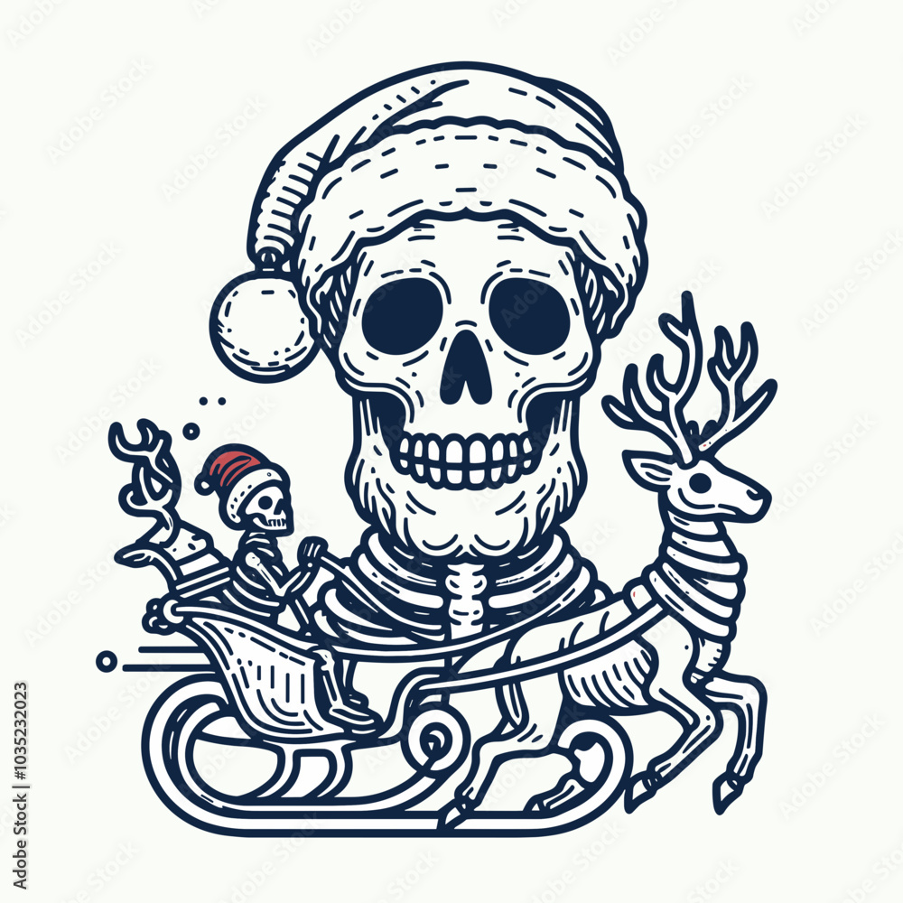 A playful design featuring a skeleton in a Santa hat riding a sleigh pulled by reindeer, blending festive themes with a spooky twist. A playful design featuring a skeleton in a Santa hat riding a sleigh pulled by reindeer, blending festive themes with a spooky twist.