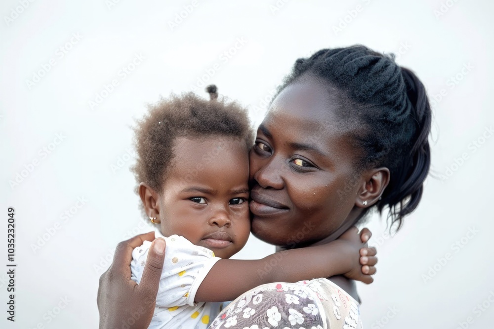 A mother cradles a young child in her arms, tenderly holding them close