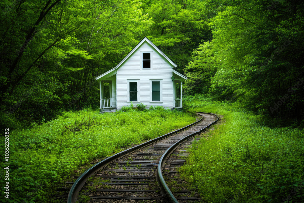 Fototapeta premium small white house nestled in the middle of a green forest, with a narrow railway track leading directly to it, surrounded by dense trees and foliage
