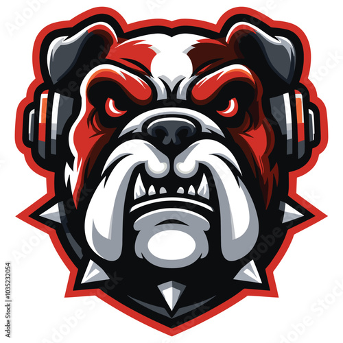 Aggressive bulldog mascot logo with headphones, red and white, perfect for sports branding